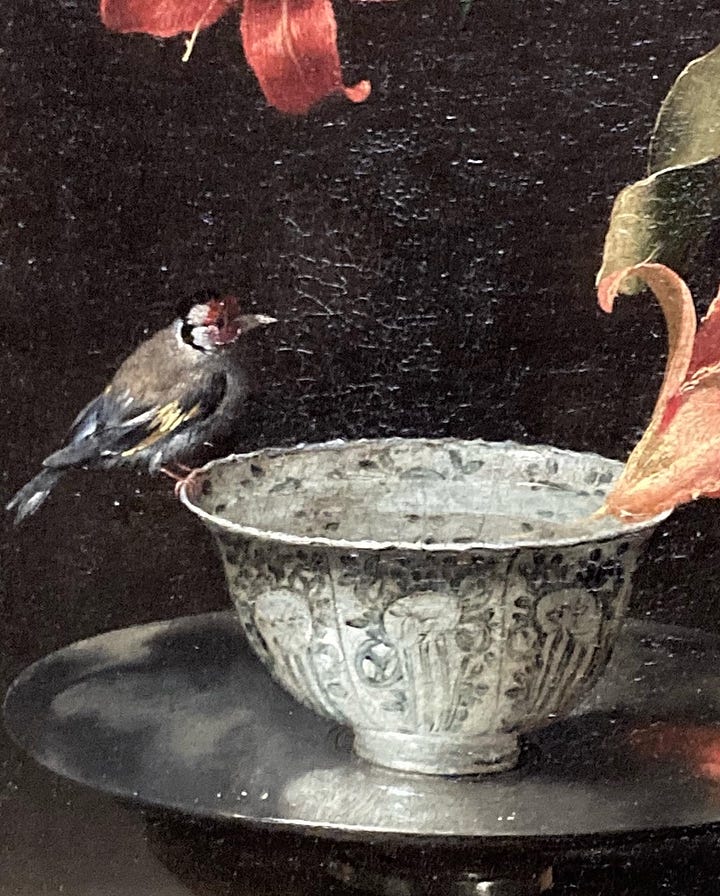 Images of the meditation workshop in Room 30 of the National Gallery. The painting shows a still life bowl of lemons, flowers, apple blossom and flowers. Workshop tutor Emma Mills also picture.