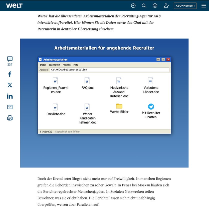 The WELT article with an embedded Windows XP style Explorer window holding the recruiting files. The WELT article with an embedded Windows XP style Explorer window holding the recruiting files.