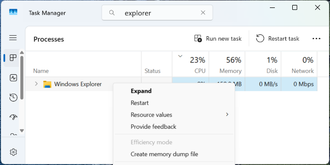 Restarting Windows Explorer in Windows 11's Task Manager.