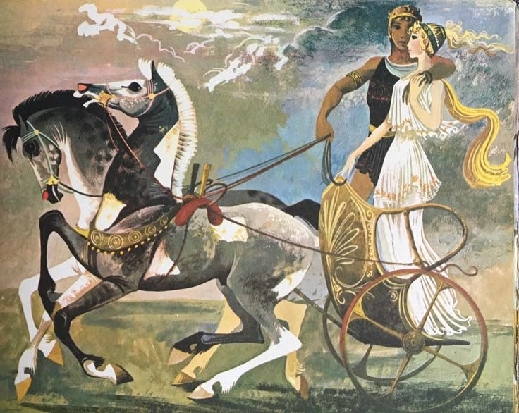 This may contain: a painting of two women riding on the back of horses