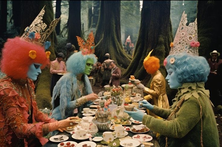 This may contain: several people dressed in costumes are sitting at a table with plates and cups on it