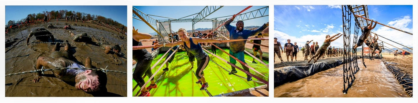 Crawling under barbed wire, balancing across a pool of green water and leaping across a muddy trench to climb up a cargo net. What a life. Crawling under barbed wire, balancing across a pool of green water and leaping across a muddy trench to climb up a cargo net. What a life.