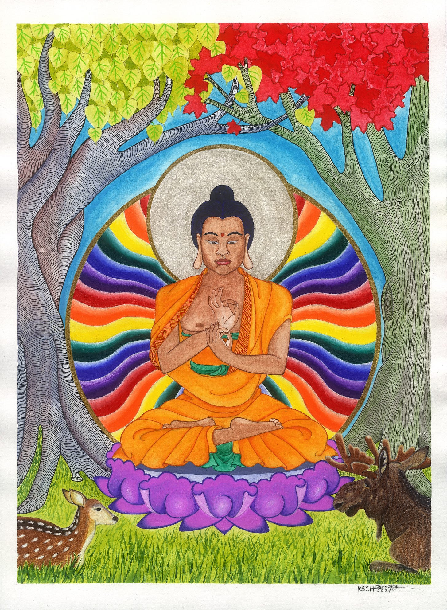 A vibrantly coloured thangka of Shakyamuni Buddha. He sits in the centre of the image, dressed in orange robes with a teal sash, his hands held up in a dharmachakra mudra. Behind him is a rainbow array. He is seated on a purple lotus throne and a deer and a moose are in the foreground, facing him, laying in the grass beneath his throne. The figure is framed by two trees. On the left, a Bodhia or Pippala tree, native of India, and on the right, a red maple tree, native of North America. 