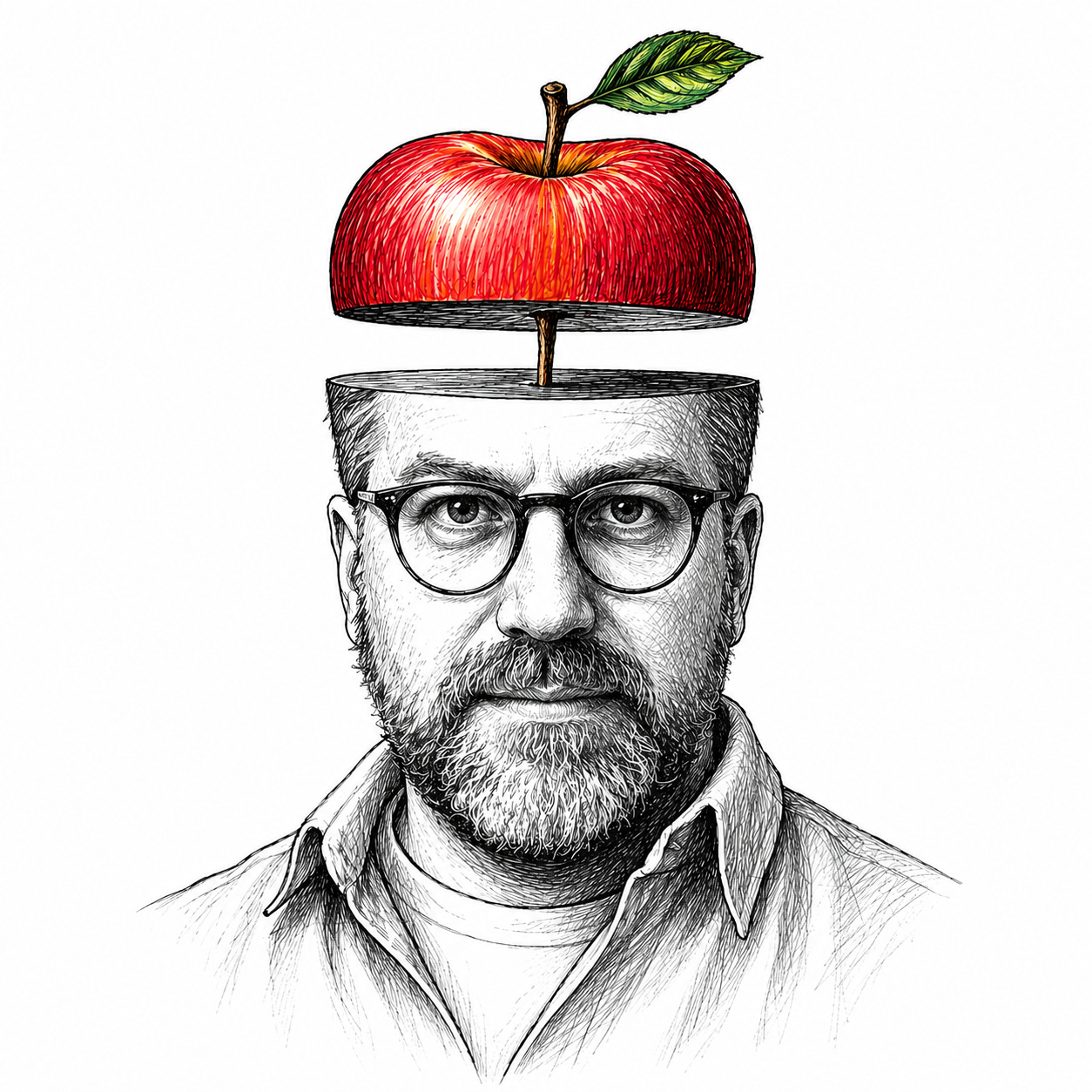 Black-and-white line drawing of a bearded man wearing glasses, facing forward, with the top of his head cleanly sliced off. A red apple, cut horizontally, floats above the opening, aligned with the head and connected by its stem, with a small green leaf attached. Black-and-white line drawing of a bearded man wearing glasses, facing forward, with the top of his head cleanly sliced off. A red apple, cut horizontally, floats above the opening, aligned with the head and connected by its stem, with a small green leaf attached.