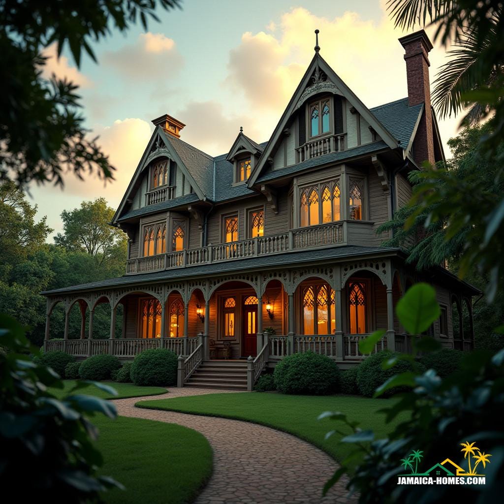 A majestic Tudor-style mansion in Jamaica, with steeply pitched gable roofs, half-timbering, and tall narrow windows with diamond-shaped panes, set against a lush tropical backdrop