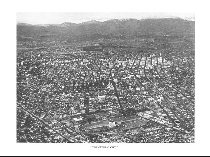 Two black-and-white aerial photographs of the oval-shaped Olympic Village community, one aerial view of the City of Los Angeles in 1933, a first-person perspective from the road inside the Olympic Village development, looking down a row of identical cottages, and a list of all of the countries that participated in LA32 from the official report