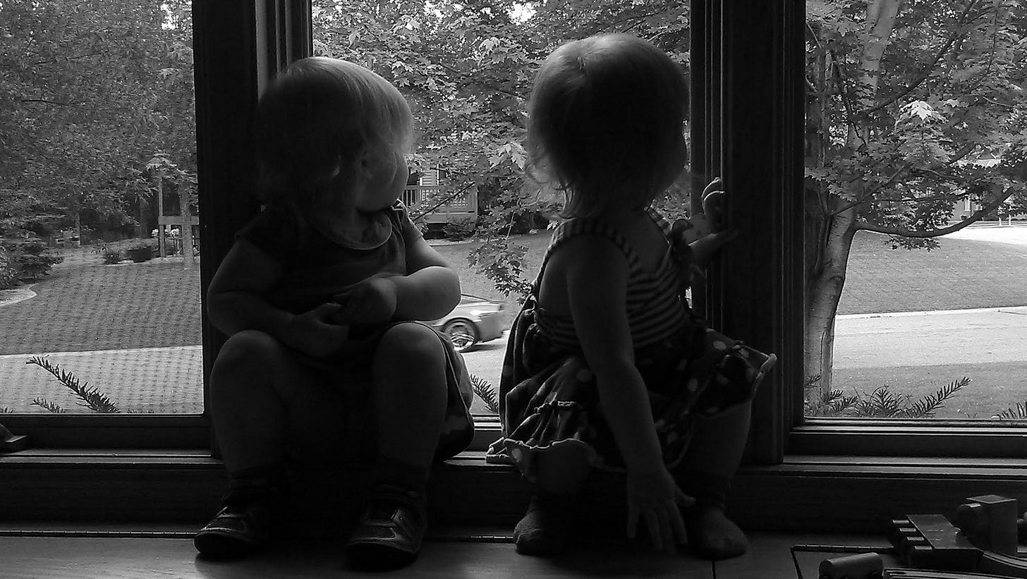 Twin B and Twin A looking out a window