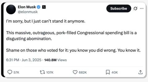 In a post on X, Elon Musk writes: "I'm sorry but I just can't stand it anymore. This massive, outrageous, pork-filled Congressional spending bill is a disgusting abomination. Shame on those who voted for it: you know you did wrong. Youknow it." In a post on X, Elon Musk writes: "I'm sorry but I just can't stand it anymore. This massive, outrageous, pork-filled Congressional spending bill is a disgusting abomination. Shame on those who voted for it: you know you did wrong. Youknow it."