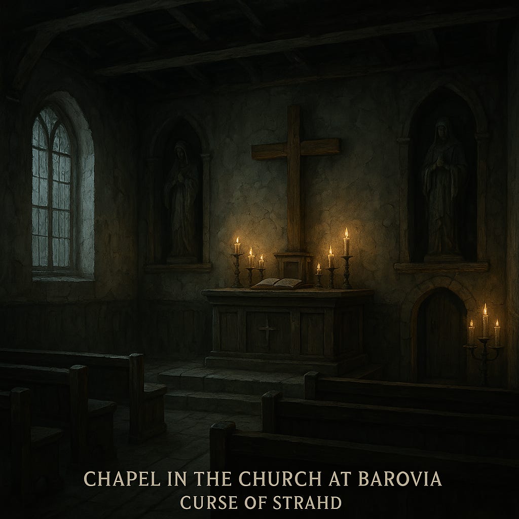 Create an image of the chapel in the Church at Barovia in Curse of Strahd