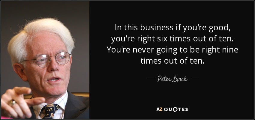 Peter Lynch quote: In this business if you're good, you're right six times... Peter Lynch quote: In this business if you're good, you're right six times...