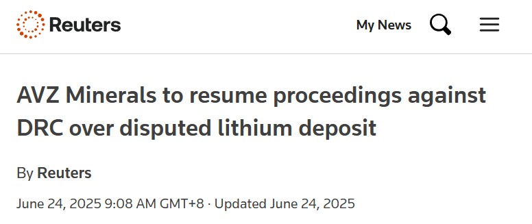 Reuters headline: "AVZ Minerals to resume proceedings against DRC over disputed lithium deposit"