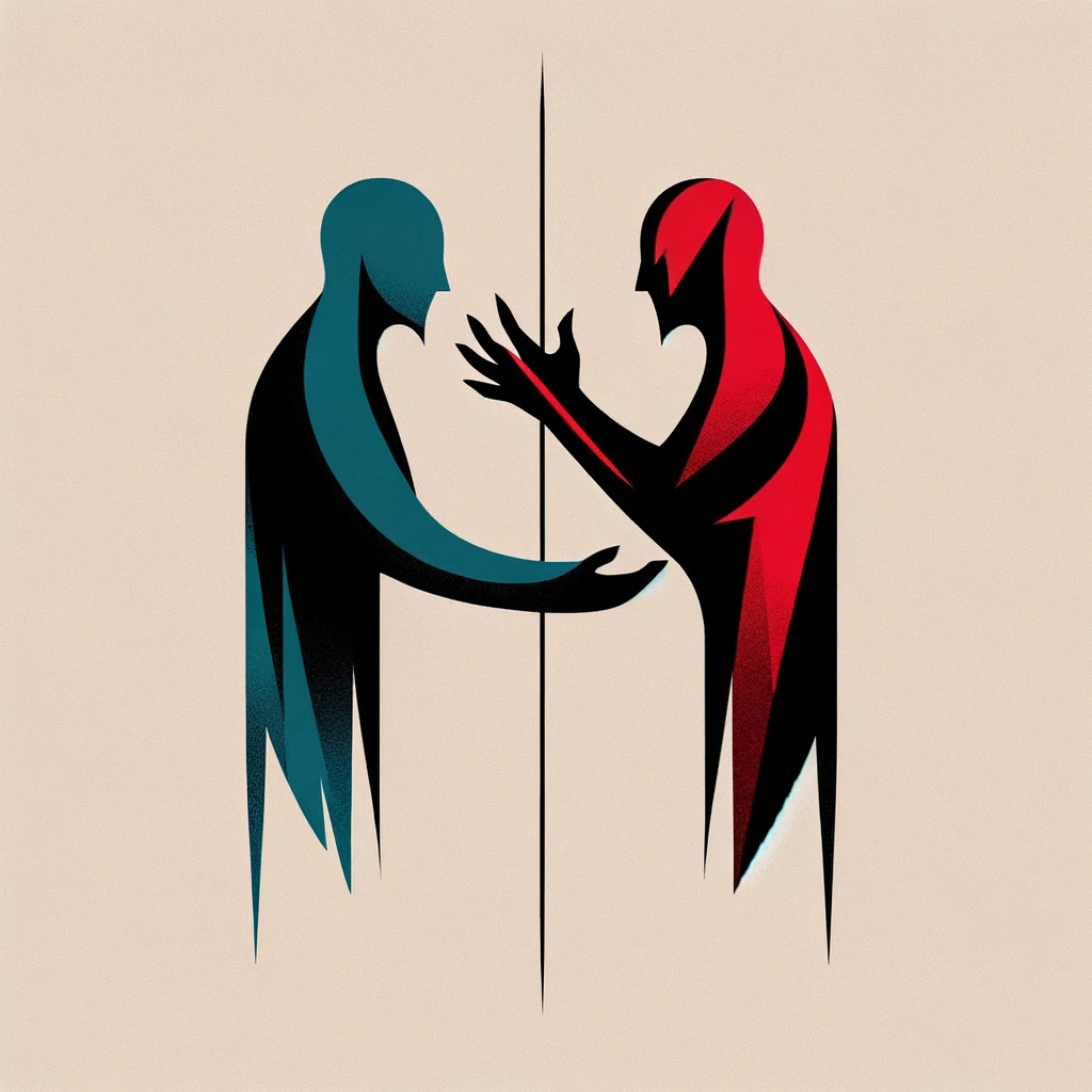 Create a modern, minimalist illustration that captures the essence of the two extremes of human nature, empathy and violence. The artwork should feature two distinct yet simple figures. The empathetic figure should be a clean, smooth outline of a human form, perhaps in a soft blue or green color, in a nurturing or comforting pose, like an embrace or offering a hand. The violent figure should contrast sharply, depicted in a stark red or black, with angular, sharp lines, in an aggressive or confrontational stance, like a raised fist or a striking pose. The background should be plain or lightly textured to maintain the minimalist style, emphasizing the stark contrast between the two figures and their respective natures.