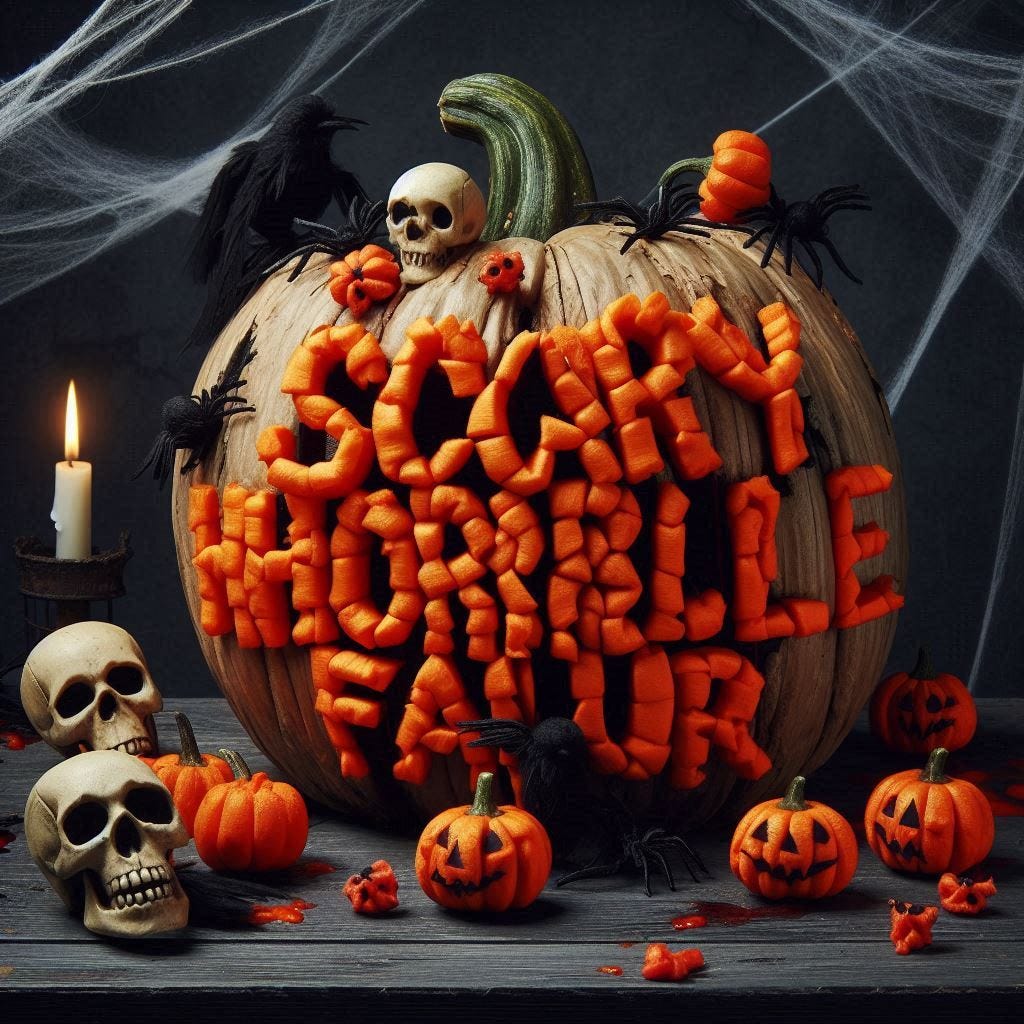 AI-generated art with skulls, spiderwebs, and a rotting pumpkin with "Scary, horrible failure" tacked onto it