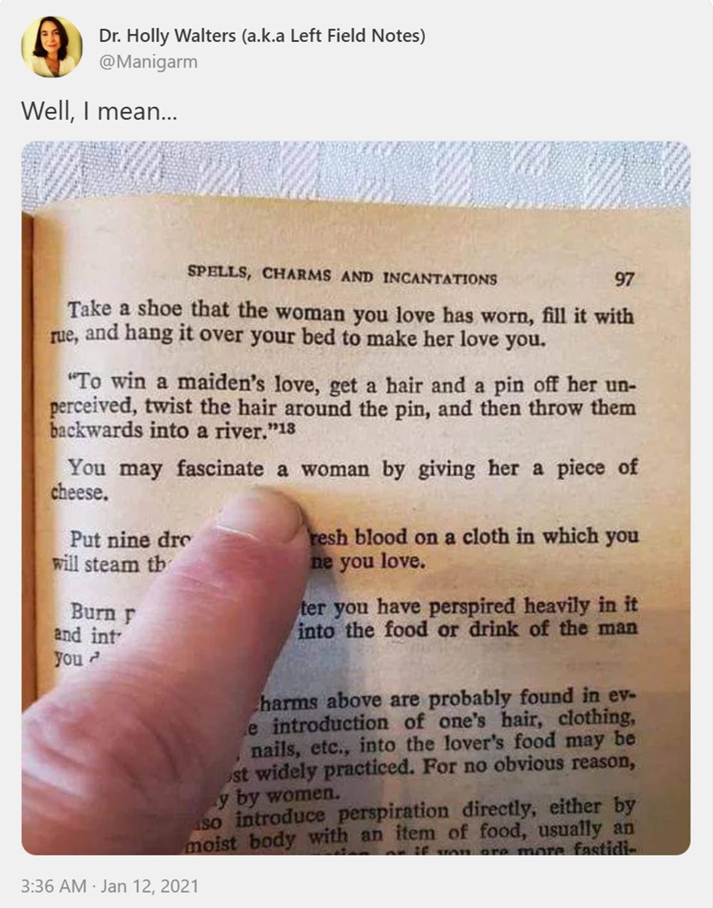 A sreengrab of a tweet which includes a picture of a hand pointing to a line in a book A sreengrab of a tweet which includes a picture of a hand pointing to a line in a book
