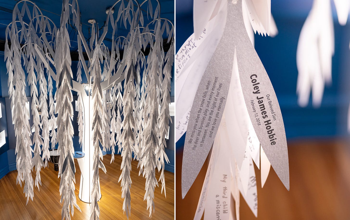 A collage of two images: In the center of a blue room stands a white sculpture of a willow tree, its limbs heavy with hundreds of individual leaves bearing parents’ messages to their dead children; a close up of a message on paper in remembrance of a boy. A collage of two images: In the center of a blue room stands a white sculpture of a willow tree, its limbs heavy with hundreds of individual leaves bearing parents’ messages to their dead children; a close up of a message on paper in remembrance of a boy.