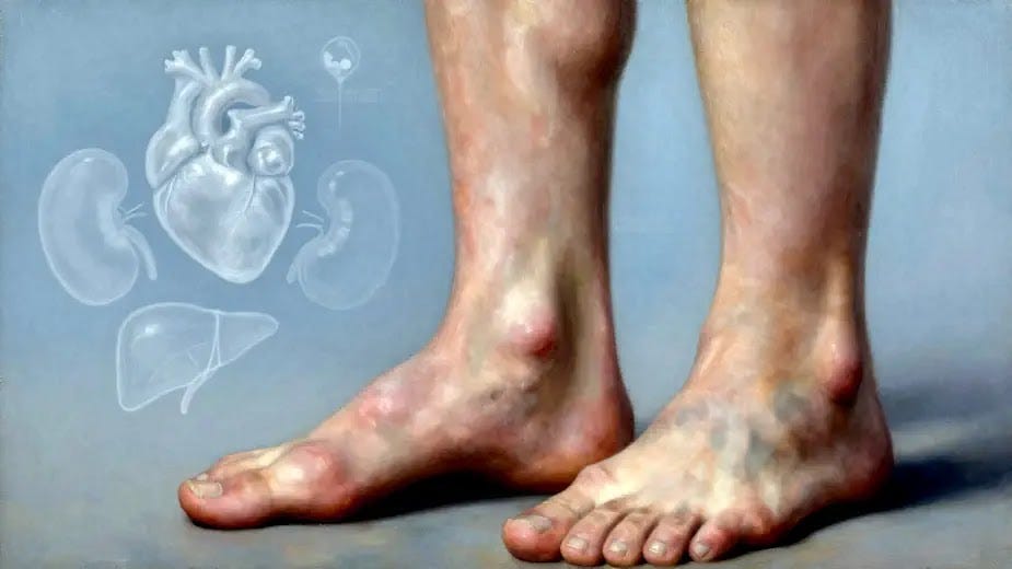 A close-up of swollen legs and ankles highlights the visible impact of edema. In the soft blue background, translucent icons symbolize underlying causes like heart failure, kidney disease, cirrhosis, and drug side effects A close-up of swollen legs and ankles highlights the visible impact of edema. In the soft blue background, translucent icons of the heart, kidneys, liver, and common medications float subtly, symbolizing underlying causes like heart failure, kidney disease, cirrhosis, and drug side effects—blending medical insight with visual metaphor.