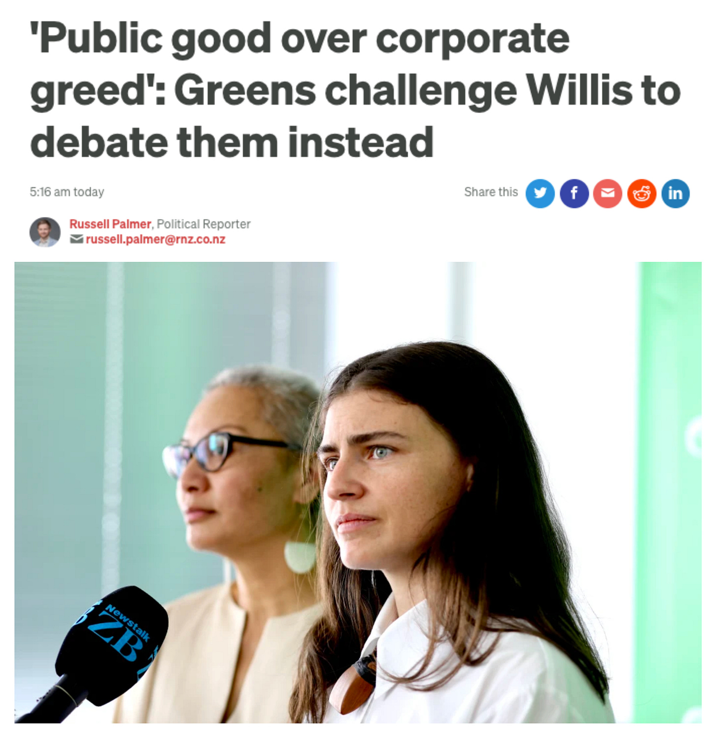 Headline: "'Public good over corporate greed': Greens challenge Willis to debate them instead."