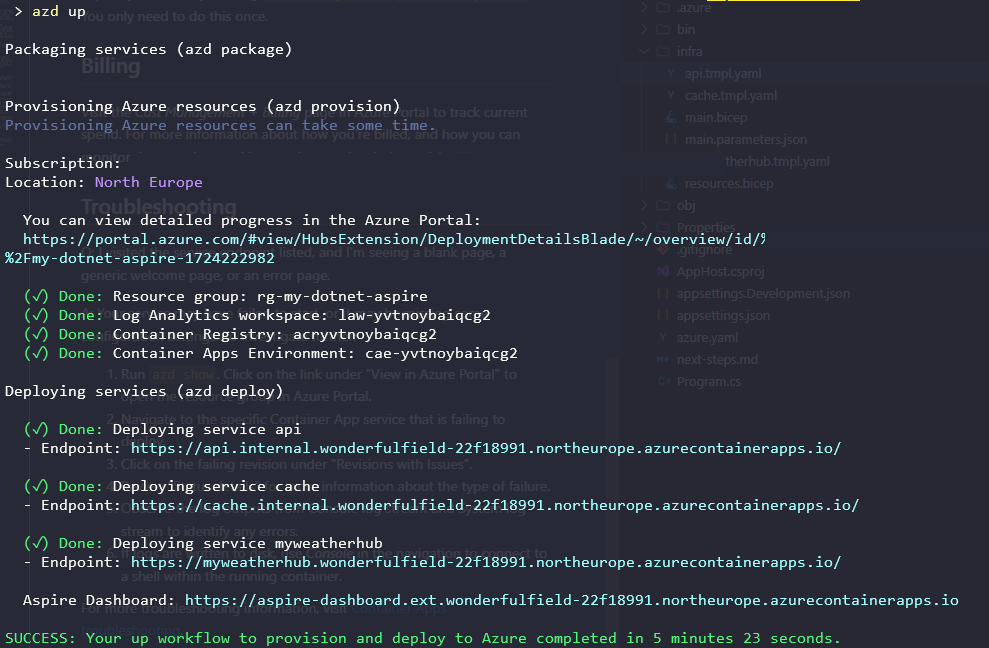 .NET Aspire deploy ACA - resultado comando azd up .NET Aspire deploy ACA - resultado comando azd up