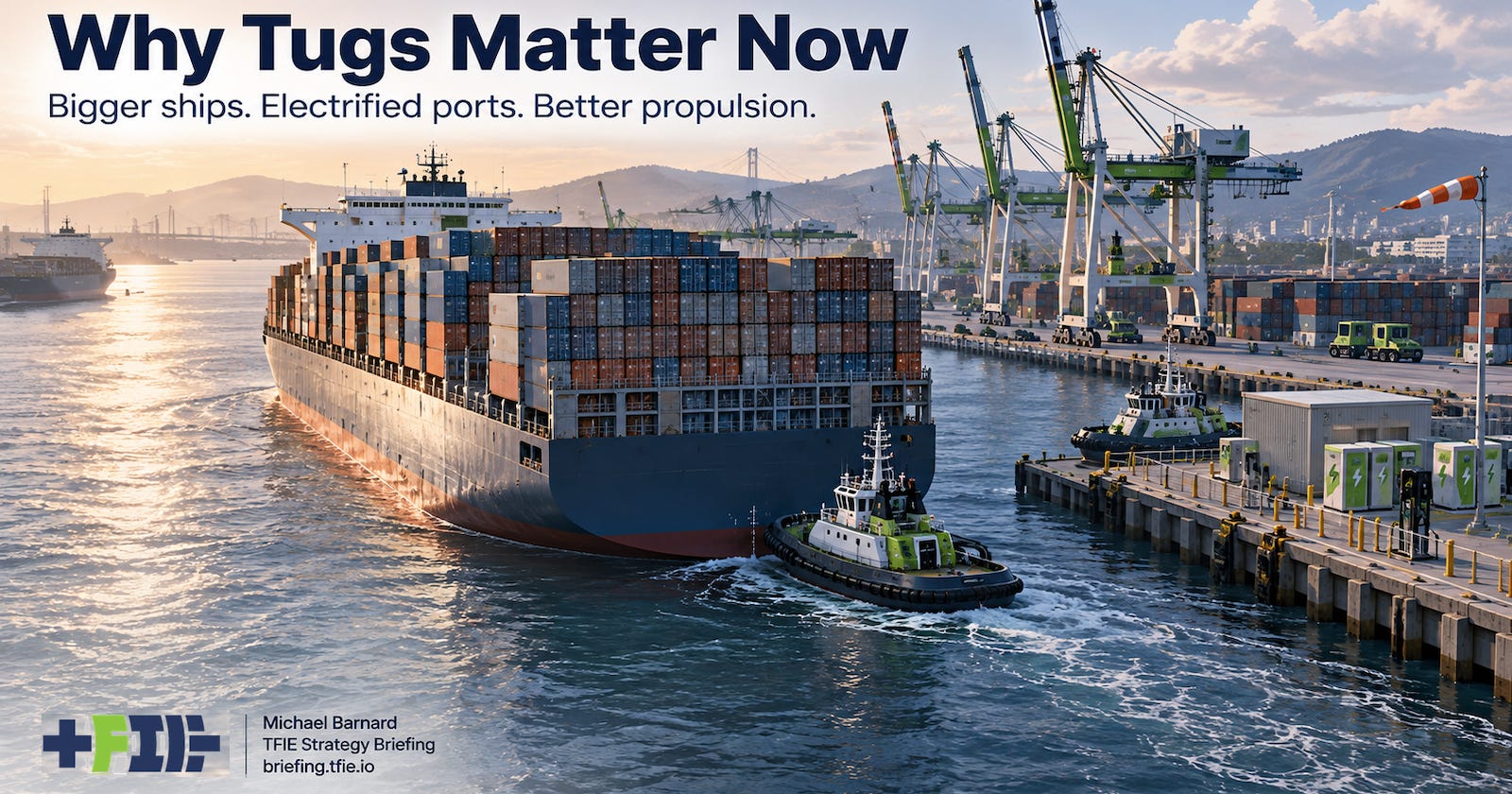 Editorial illustration of a compact harbour tug manoeuvring beside a much larger container ship inside an increasingly electrified commercial port.