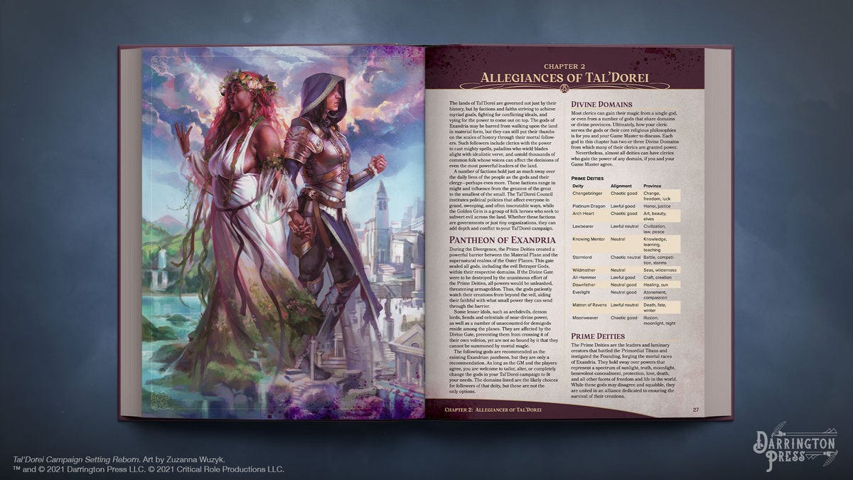 A spread from Tal'Dorei Campaign Setting Reborn with the Wildmother and the Lawbearer full-page art on the left, and chapter 2: Allegiances of Tal'Dorei on the left. A spread from Tal'Dorei Campaign Setting Reborn with the Wildmother and the Lawbearer full-page art on the left, and chapter 2: Allegiances of Tal'Dorei on the left.