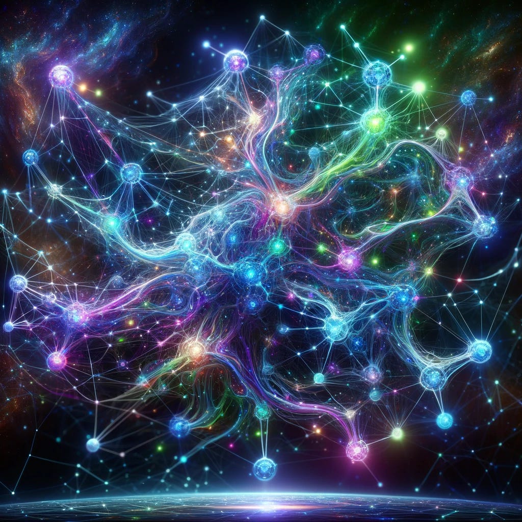A sophisticated, fantastical neural network depicted as an intricate web of glowing, interconnected nodes and pathways. The nodes are luminous, with vibrant colors like electric blue, neon green, and radiant purple. The pathways between nodes are delicate strands of light, weaving a complex and mesmerizing pattern. Surrounding the neural net, there's a backdrop of a starry galaxy with swirling cosmic clouds, adding to the ethereal and futuristic feel of the image. The overall atmosphere is one of advanced technology blended with otherworldly beauty.