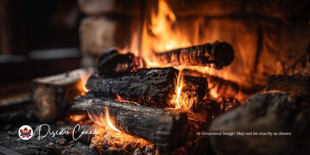 Close-up of glowing embers in a warm Canadian cabin fireplace.