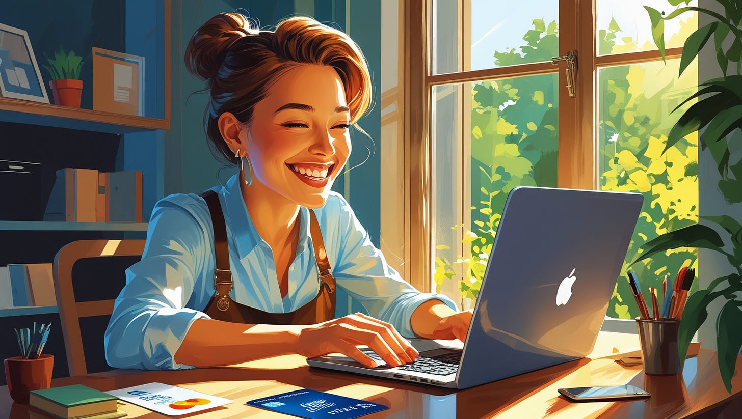 A joyfully animated online store owner, with an ear-to-ear smile as they efficiently handle customer payments through a seamless integrated gateway on their laptop. This scene is depicted in a vividly detailed painting, capturing the vibrant energy of the individual. The sunlight streams in through a nearby window, casting a warm glow on their face, highlighting the meticulous attention to detail in their attire and surroundings. The image exudes a sense of positivity and productivity, inviting viewers to appreciate the dedication and enthusiasm of the small business owner.