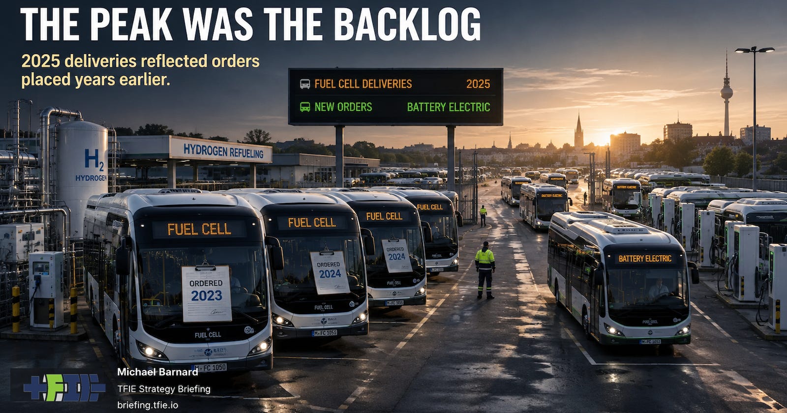 New hydrogen buses with 2023 and 2024 order papers sit beside specialized refuelling equipment while a larger fleet of battery-electric buses leaves a German depot for service. New hydrogen buses with 2023 and 2024 order papers sit beside specialized refuelling equipment while a larger fleet of battery-electric buses leaves a German depot for service.