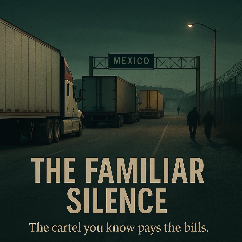Border crossings at night. Trucks rolling, shadows moving. The silence is policy — don’t ask, don’t tell, don’t disrupt the flow
