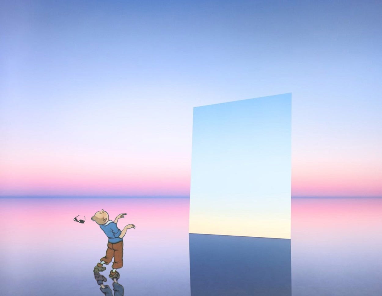 Tintin recoils from luminous monolith before him, eyeglasses flying off head