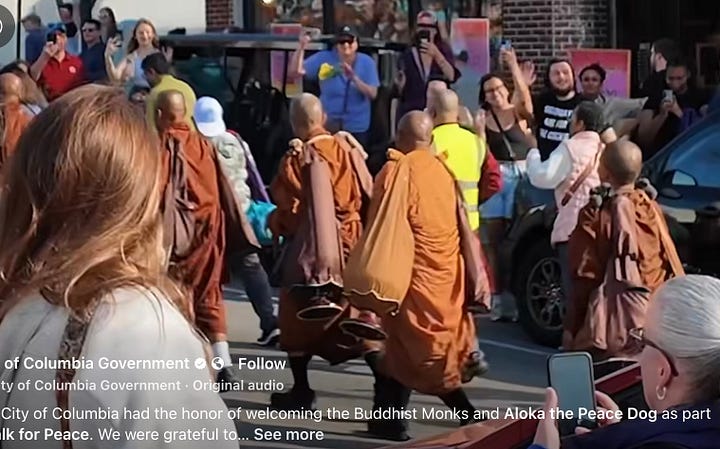 Crowds streaming toward the capitol--next to a photo of the excited crowds along the monks' route.