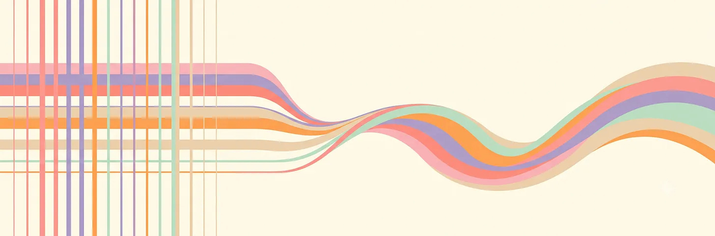 A clean, light-mode minimalist 2D vector illustration on a cream background. A rigid grid of thin vertical pastel lines on the left seamlessly unrolls and softens horizontally into an expansive, smooth multi-layered wave to the right, representing technical systems scaling safely into intuitive care. A clean, light-mode minimalist 2D vector illustration on a cream background. A rigid grid of thin vertical pastel lines on the left seamlessly unrolls and softens horizontally into an expansive, smooth multi-layered wave to the right, representing technical systems scaling safely into intuitive care.