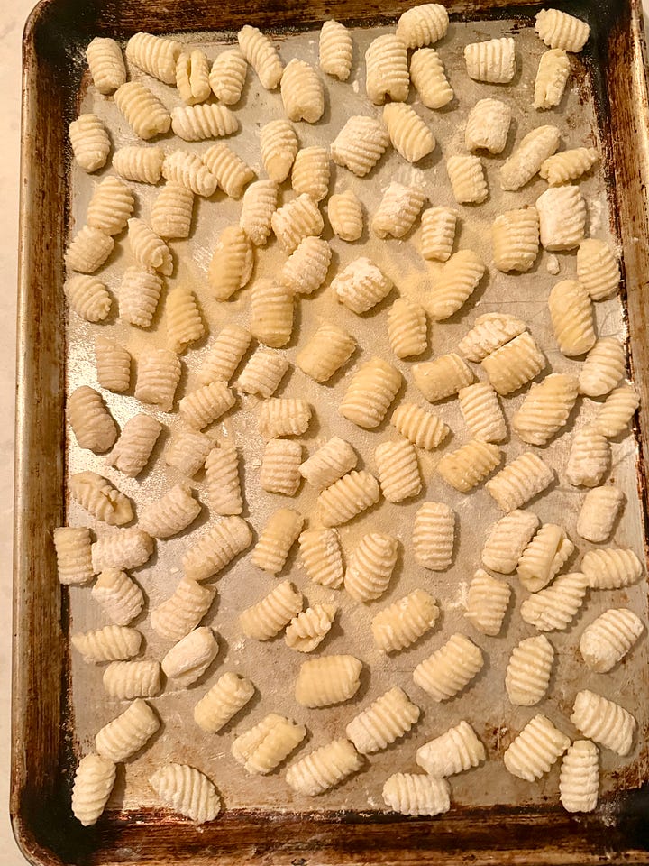 sheet pan of fresh gnocchi pasta with beagle puppy as a kitchen helper