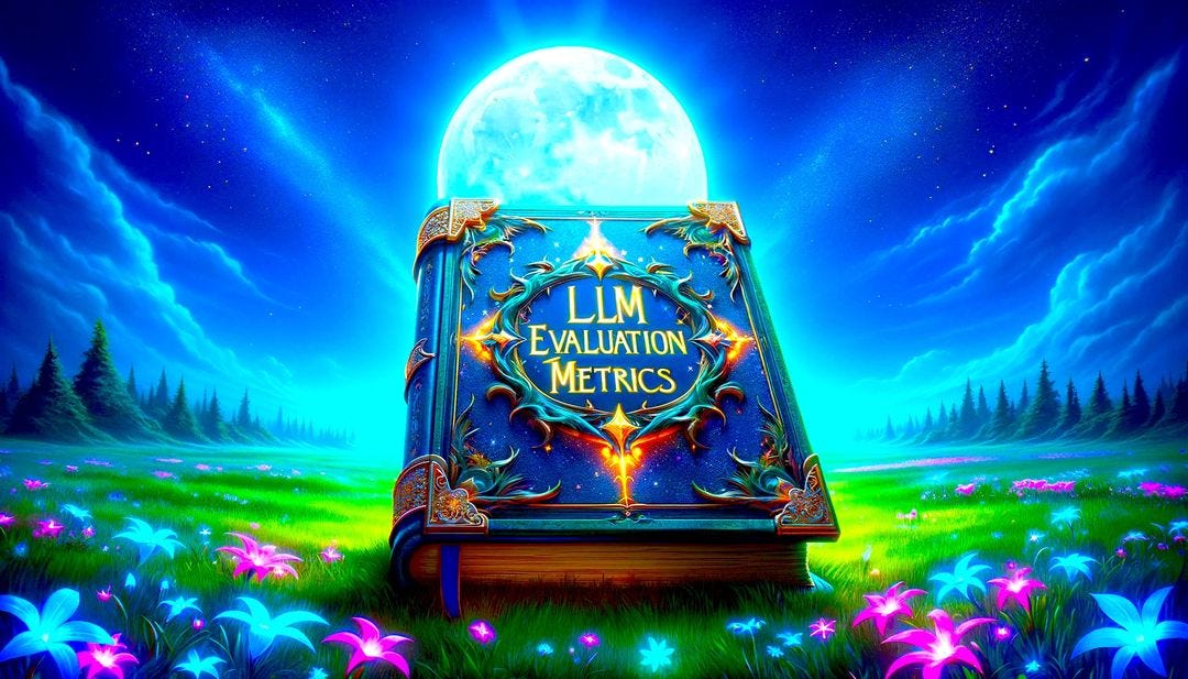Illustrated book titled "LLM Evaluation Metrics" glowing in a moonlit field. Illustrated book titled "LLM Evaluation Metrics" glowing in a moonlit field.