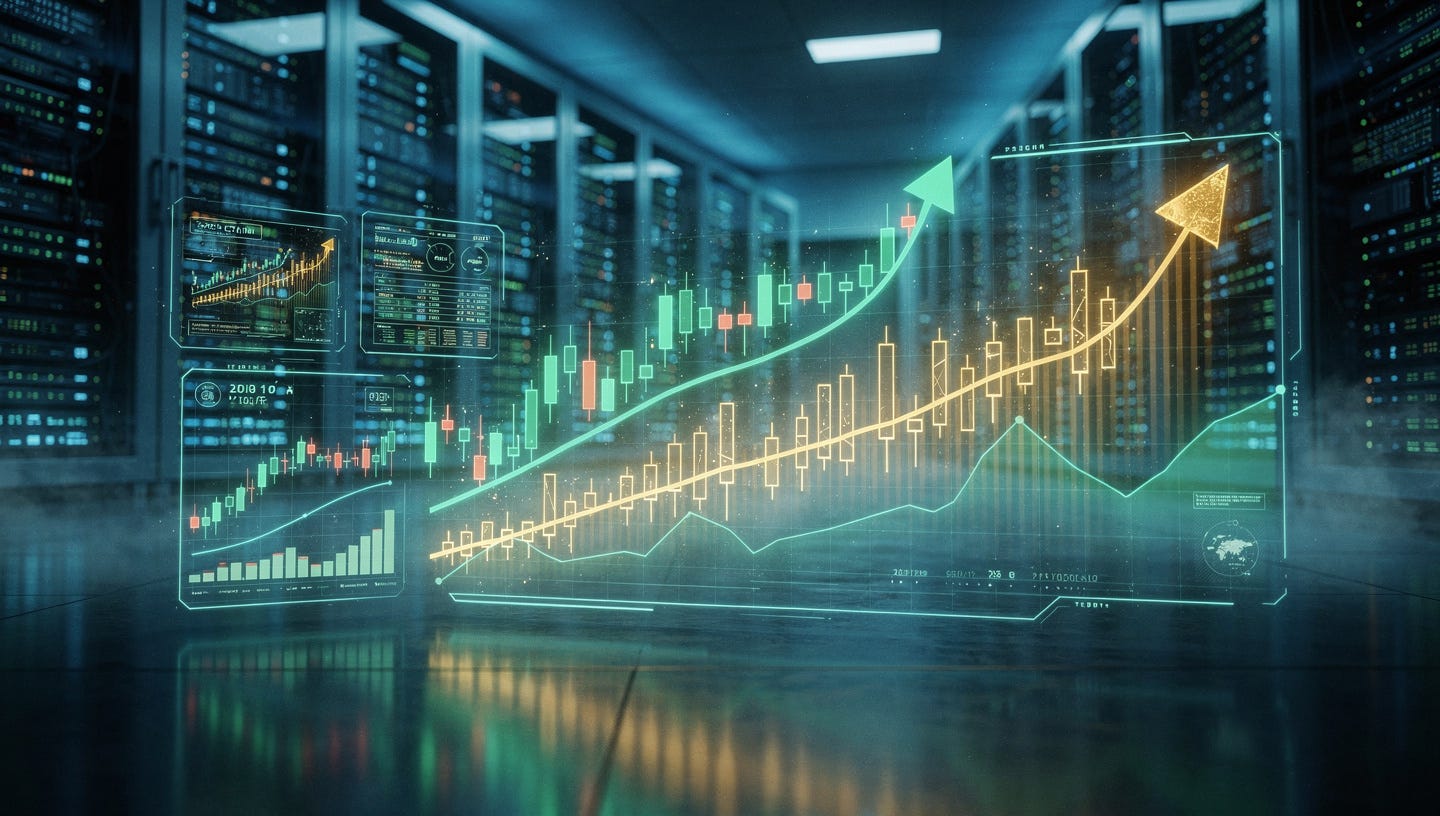 A cinematic, photorealistic wide-format header image depicting a futuristic financial trading floor merging with an AI data center. In the foreground, glowing holographic stock charts and upward-trending green and gold market graphs float in the air. In the background, rows of illuminated server racks stretch into the distance under a deep blue and electric teal lighting. Subtle reflections on a polished dark floor. The atmosphere feels high-stakes, intelligent, and modern — evoking billion-dollar technology decisions. No text, no people, no logos. Shot with a wide-angle lens, shallow depth of field, professional editorial photography style. 16:9 aspect ratio.