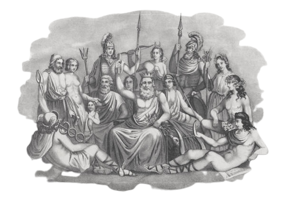 Catorze divindades gregas, brancas, são retratadas na figura. Quase todas usam todas e estão com peitos desnudos, homens e mulheres. No centro, um homem com uma coroa e barba longa. Os outros se reúnem ao seu redor e mantém o olhar fixo nele. Grande parte deles porta seus elementos simbólicos: sandálias com asas, tridentes, lanças, arcos, foices, coroas e escudos.