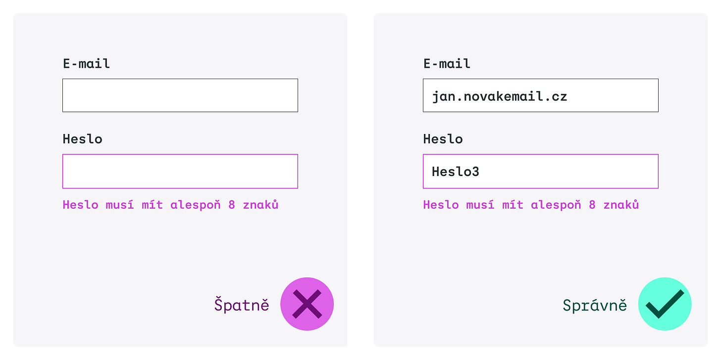 Vlevo (špatně) po validaci s chybou data z formuláře zmizela. Vpravo (správně) data po validaci s chybou ve formuláři zůstala pro možnost opravy.