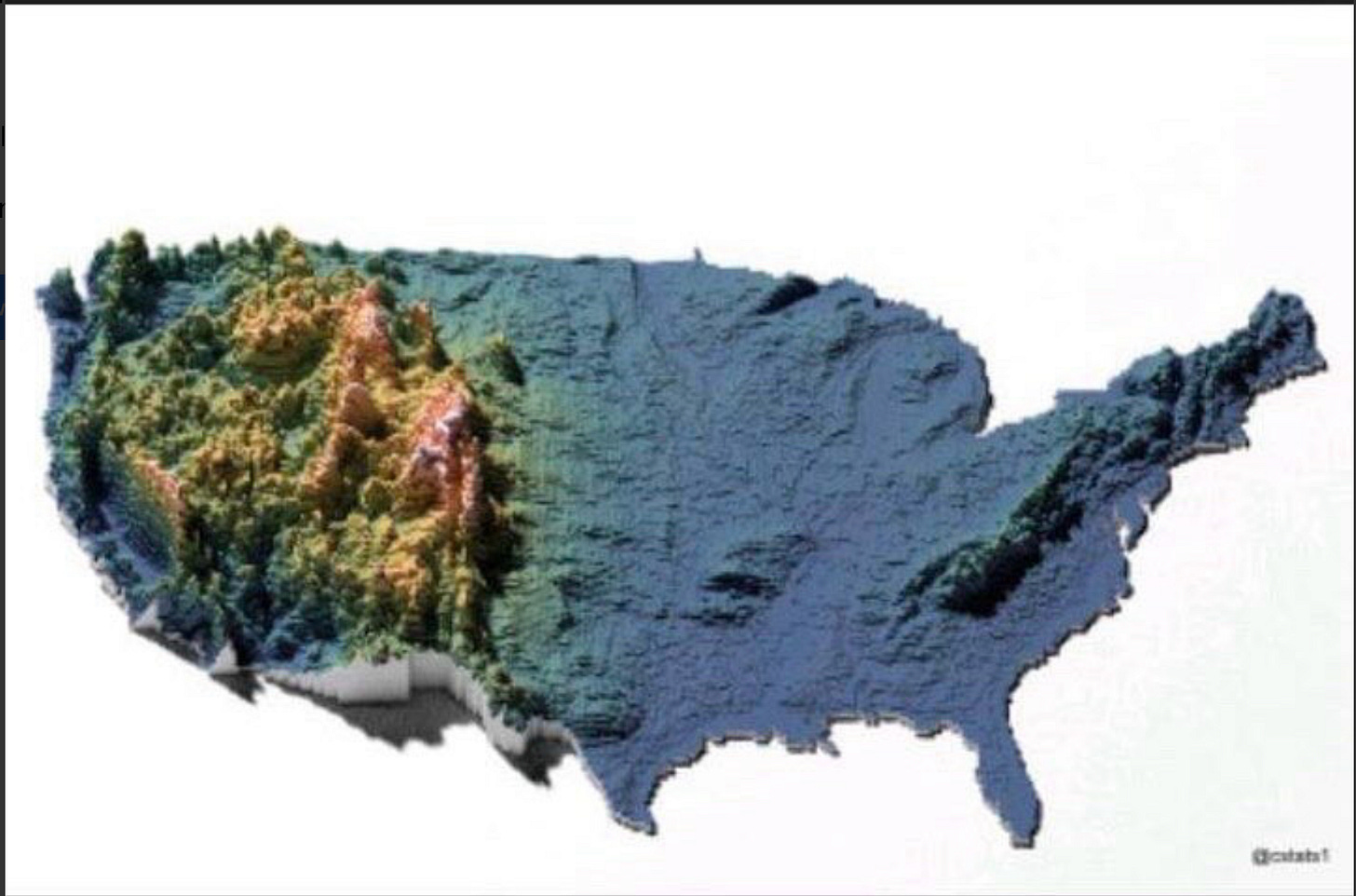 Map of the US with elevation shown in an exaggerated scale.