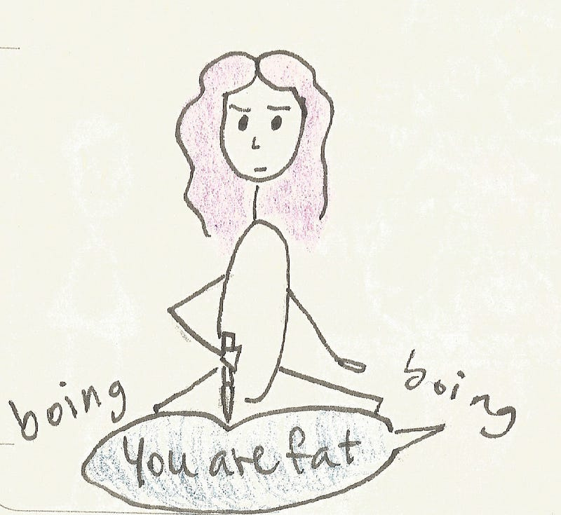 A comic panel representing a girl trying to destroy a speech bubble saying “You are fat” with a knife. A comic panel representing a girl trying to destroy a speech bubble saying “You are fat” with a knife.