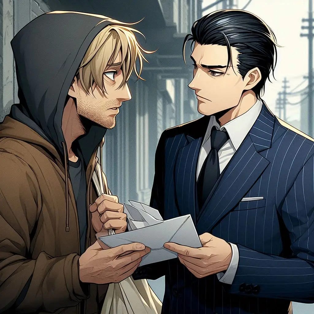 A middle aged poorer looking man who has dark blonde hair and wears a hoodie and is talking to a well kempt man who is wearing a navy blue pinstripe suit and slick back black hair who is studying an envelope. anime art style. dark. modern. in the street in a city. 