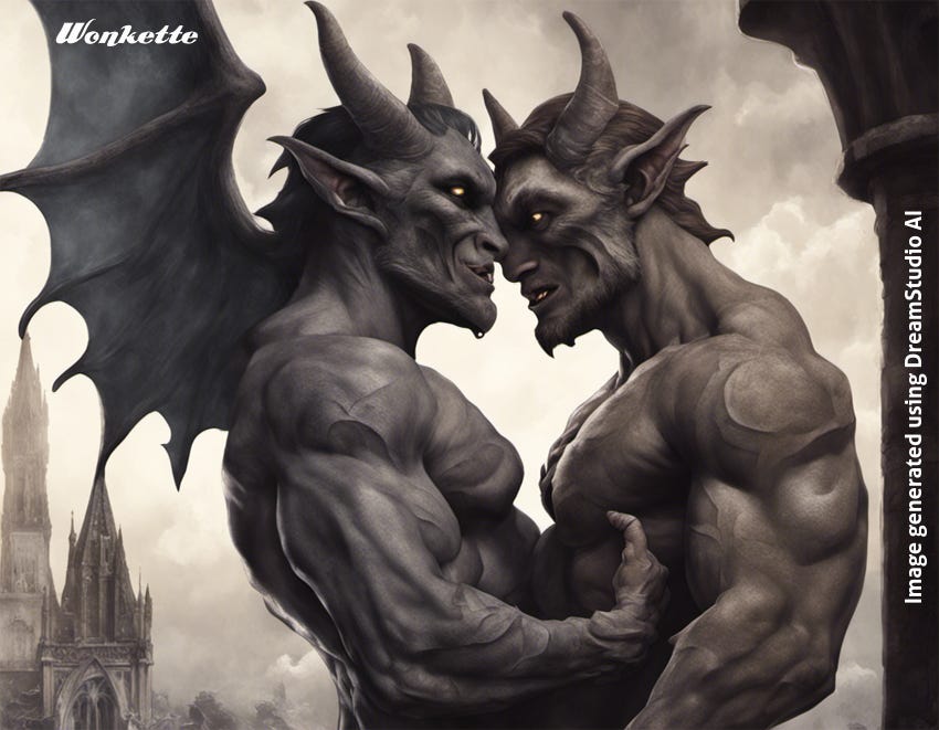 An AI- generated image of two muscular gargoyle guys embracing, about to kiss. An AI- generated image of two muscular gargoyle guys embracing, about to kiss.