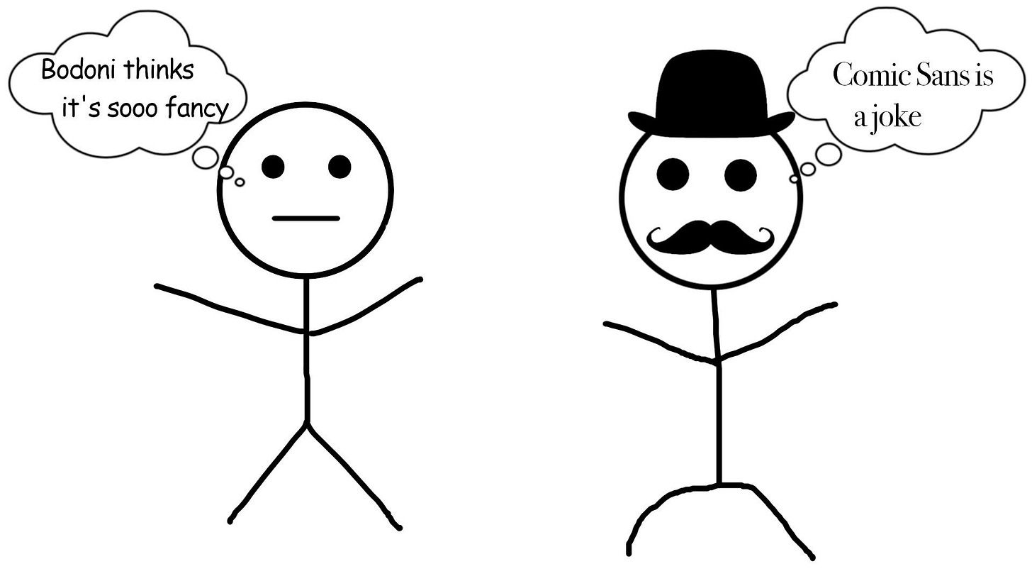Two stickmen, one with a thought bubble that says “Bodoni thinks he’s sooo fancy”, the other stickman is wearing a tophat and a thought bubble saying Comic sans is a joke” Two stickmen, one with a thought bubble that says “Bodoni thinks he’s sooo fancy”, the other stickman is wearing a tophat and a thought bubble saying Comic sans is a joke”