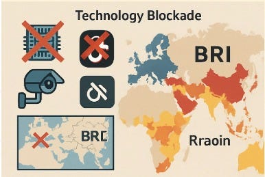 Infographic showing banned icons of Huawei, TikTok, and surveillance cameras over a global map. Areas covered by China's Belt and Road Initiative (BRI) are shown in shades of orange and red.