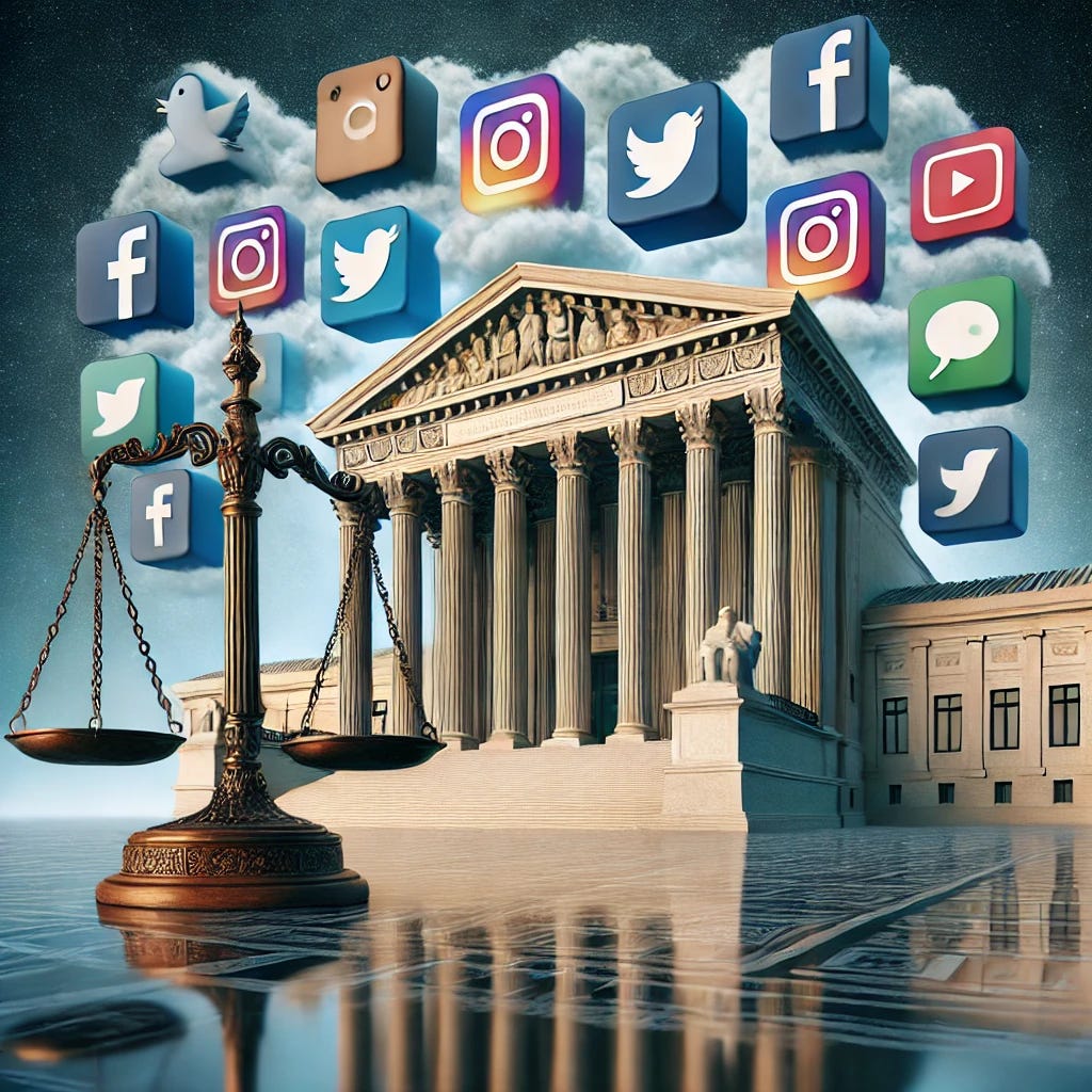 A powerful visual representation of the U.S. Supreme Court building with social media icons like Facebook, Twitter, Instagram, and YouTube floating around it. The Supreme Court stands tall, symbolizing the law, while the social media icons hover in the foreground, showing their influence in modern society. A balance scale sits in front of the building, with one side holding legal books and the other side holding social media logos, representing the balance of justice and online platforms. The scene has a serious, reflective tone, emphasizing the role of the court in regulating social media.