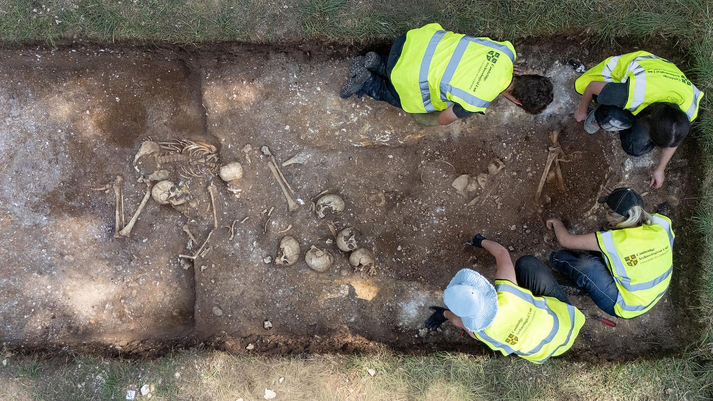 four people in blaze yellow vests excavate a trench full of human bones