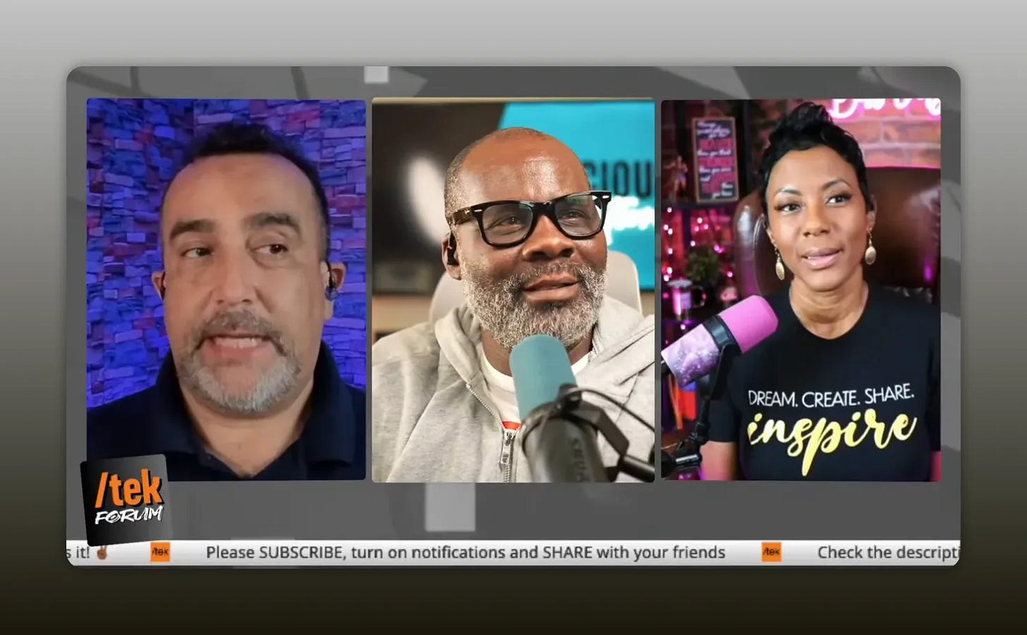 three-person live stream grid with microphones and hosts engaged in discussion