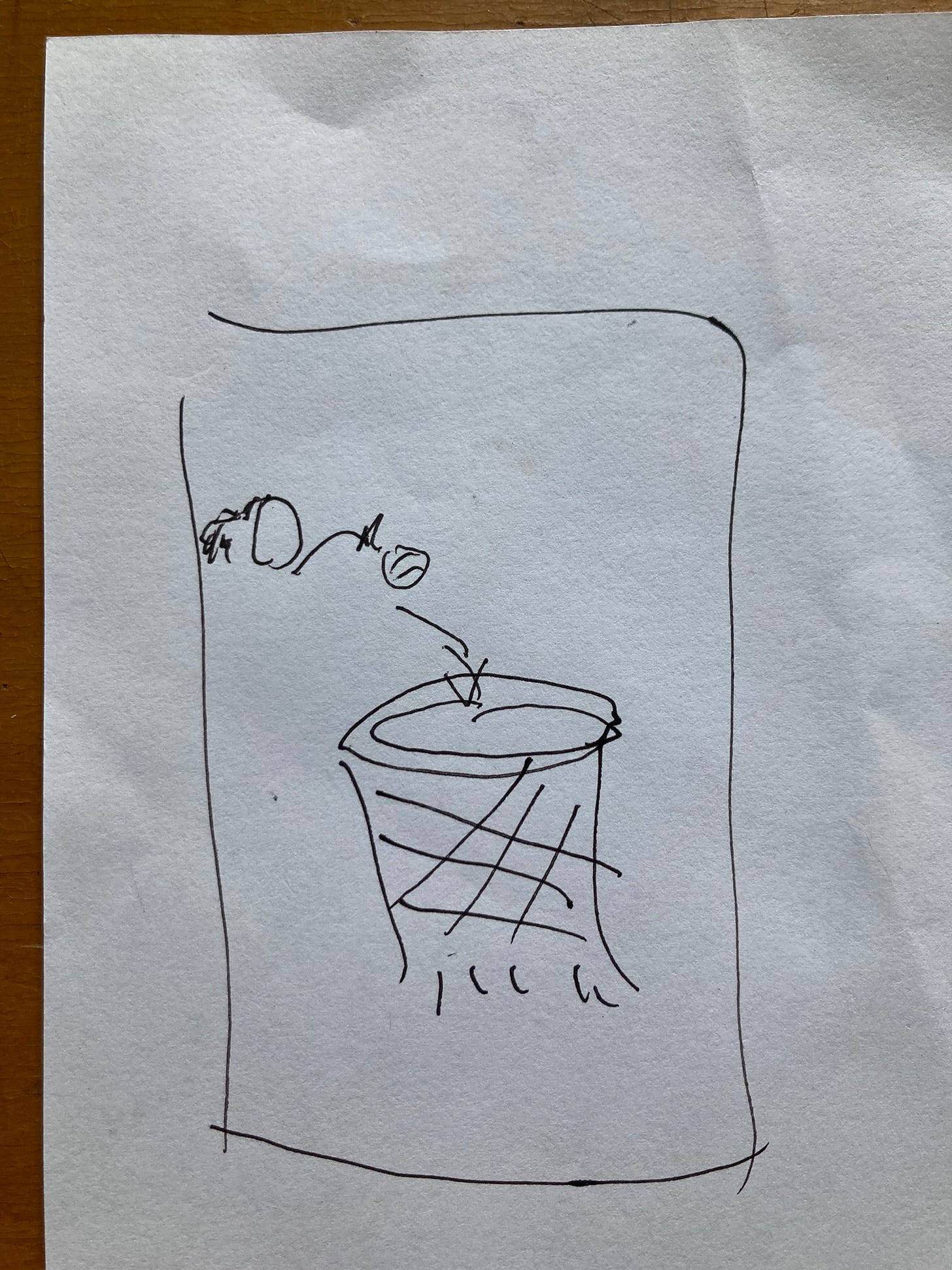 Black and white sketch with a basketball hoop large and centered and the beginnings of a sketch of a woman in the act of shooting behind, all drawn very poorly