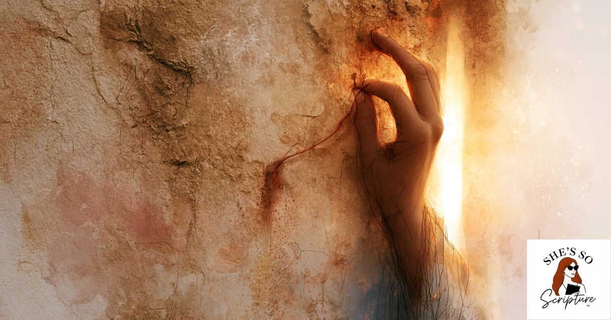 A hand pressing a scarlet cord against a weathered sandstone wall, moody atmospheric illustration with deep plum and gold tones. A hand pressing a scarlet cord against a weathered sandstone wall, moody atmospheric illustration with deep plum and gold tones.