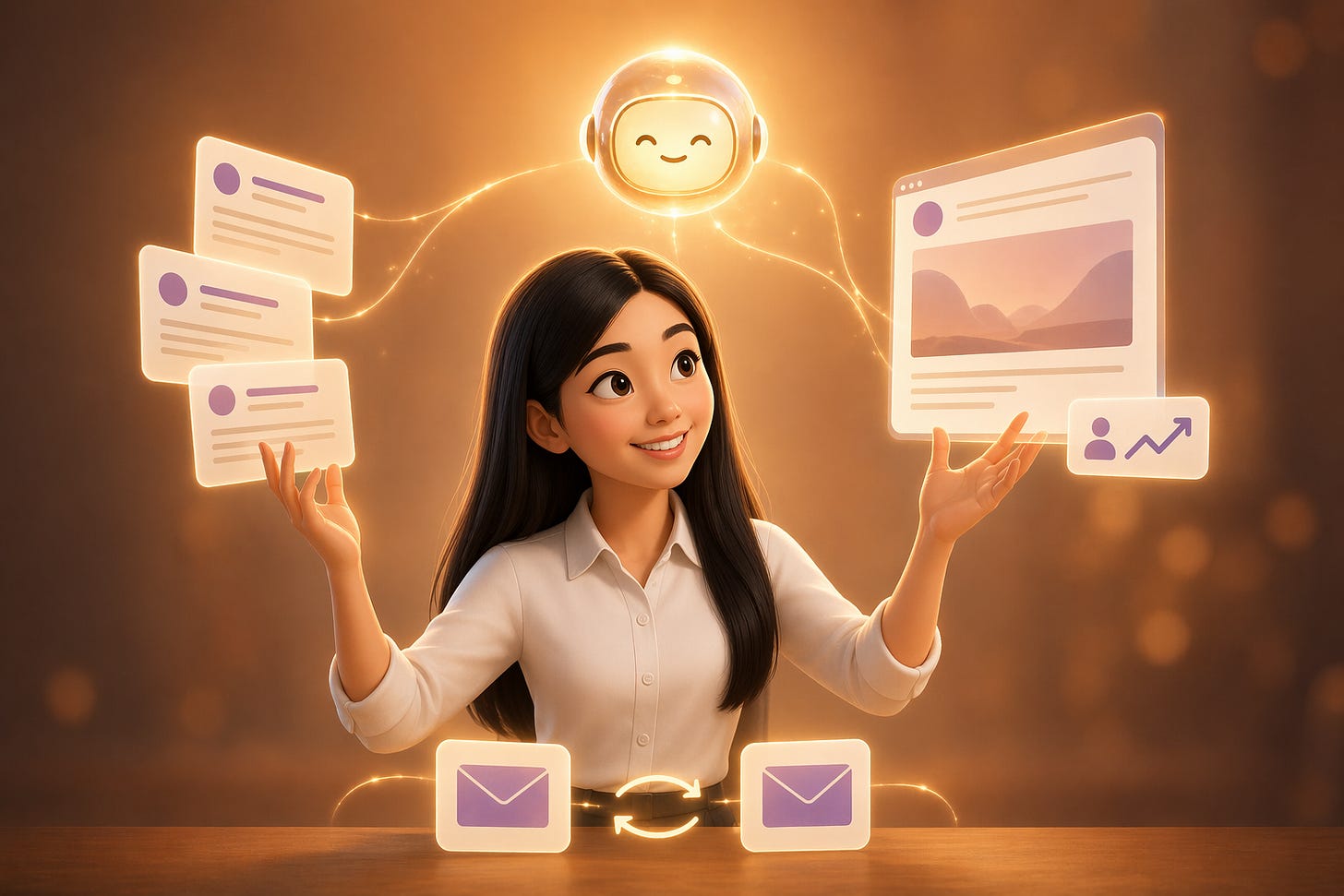 Pixar-style 3D illustration of Jenny Ouyang from Build to Launch standing in a warm amber scene, hands raised toward floating Substack note cards on her left and a Substack article preview with a growing subscriber count on her right, while a glowing Claude orb above her connects to both with thin light threads — representing the 3-level Substack growth system powered by Claude as the AI fast track.