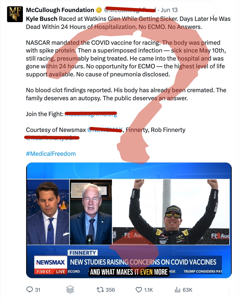 Peter McCullough leaves out the fact that Kyle Busch had continued racing while he had been sick with bacterial pneumonia.